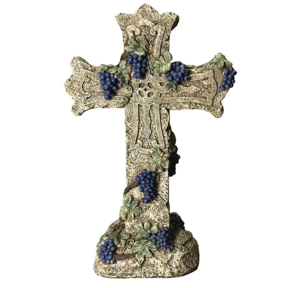 Decorative Grapevine Cross Resin Faux Stone Christian Large Tabletop 16" Tall